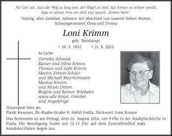 Traueranzeige von Loni Krimm 