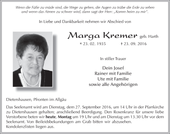 Traueranzeige von Marga Kremer 