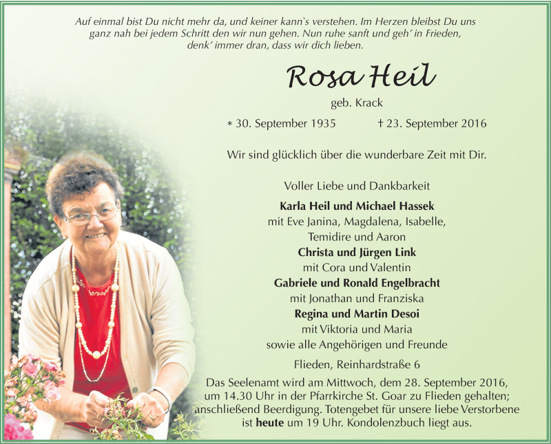  Traueranzeige für Rosa Heil vom 26.09.2016 aus 