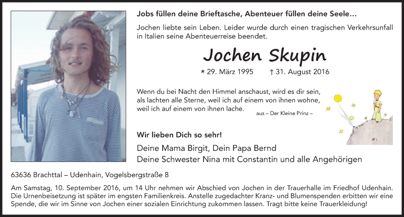  Traueranzeige für Jochen Skupin vom 06.09.2016 aus 