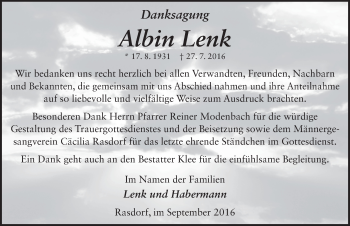 Traueranzeige von Albin Lenk 