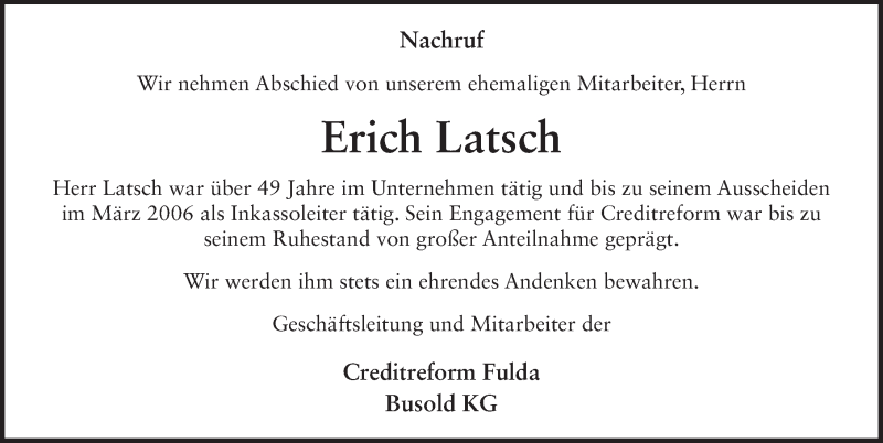 Traueranzeige für Erich Latsch vom 28.09.2016 aus 