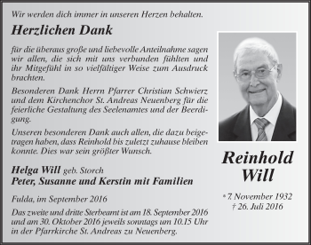 Traueranzeige von Reinhold Will 