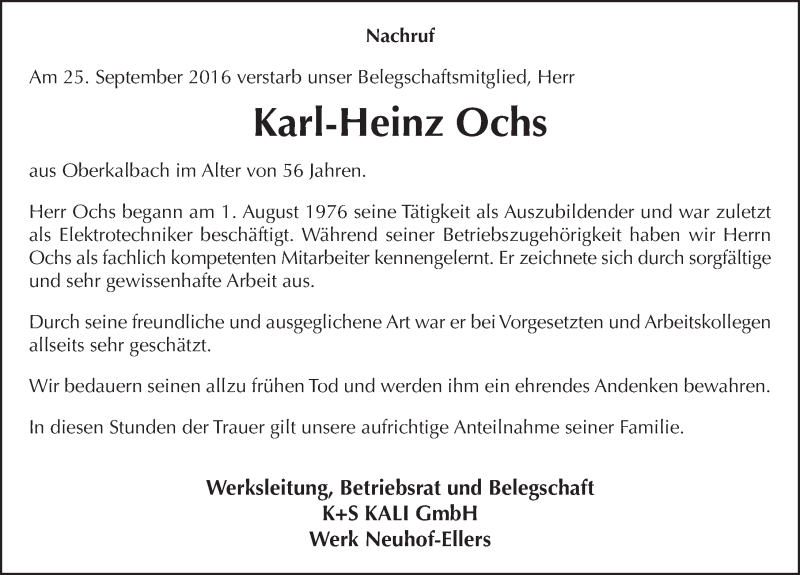  Traueranzeige für Karl-Heinz Ochs vom 28.09.2016 aus 
