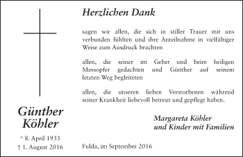 Traueranzeige von Günther Köhler 