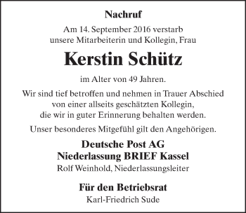 Traueranzeige von Kerstin Schütz 