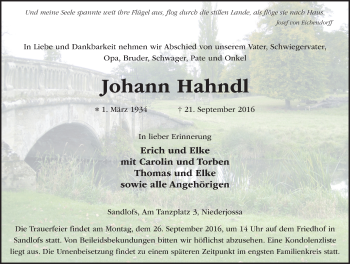 Traueranzeige von Johann Hahndl 