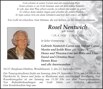 Traueranzeige von Rosel Nentwich 