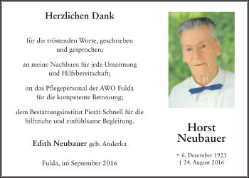 Traueranzeige von Horst Neubauer 