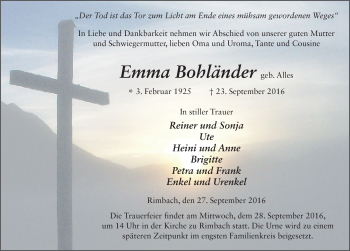 Traueranzeige von Emma Bohländer 