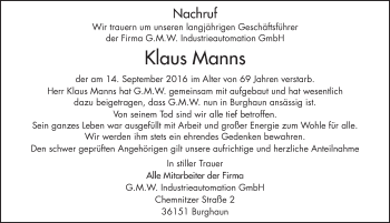 Traueranzeige von Klaus Manns 