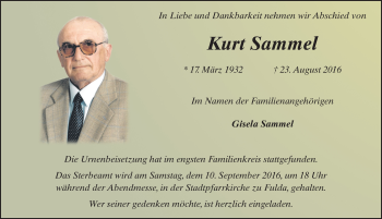 Traueranzeige von Kurt Sammel 