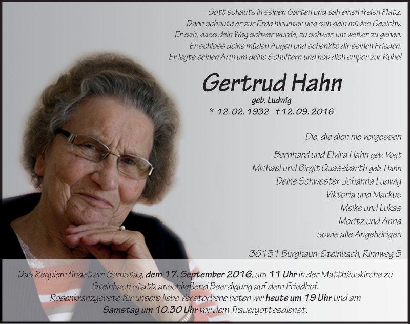  Traueranzeige für Gertrud Hahn vom 15.09.2016 aus 