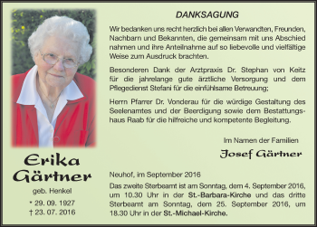 Traueranzeige von Erika Gärtner 
