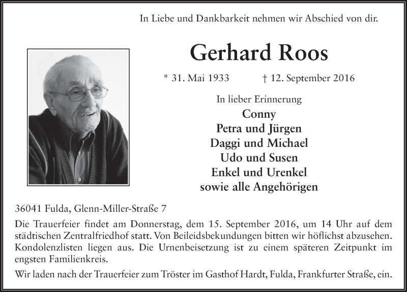  Traueranzeige für Gerhard Roos vom 14.09.2016 aus 