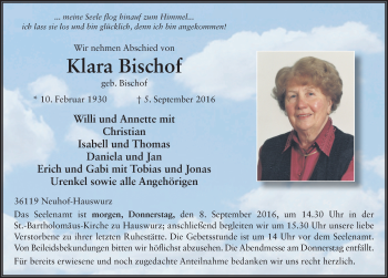 Traueranzeige von Klara Bischof 