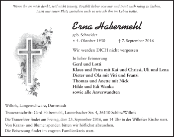 Traueranzeige von Erna Habermehl 