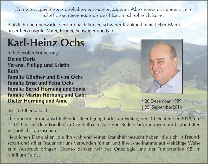  Traueranzeige für Karl-Heinz Ochs vom 28.09.2016 aus 