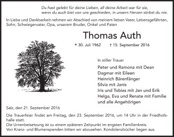 Traueranzeige von Thomas Auth 