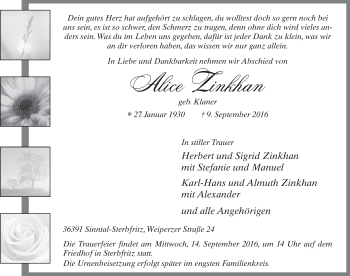 Traueranzeige von Alice Zinkhan 