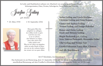 Traueranzeige von Josefine Geiling 