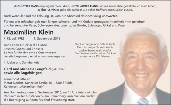Traueranzeige von Maximilian Klein 