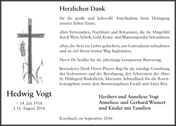 Traueranzeige von Hedwig Vogt 
