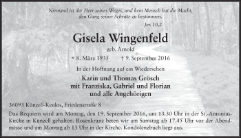 Traueranzeige von Gisela Wingenfeld 