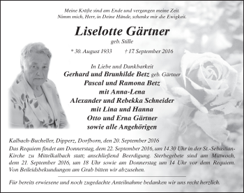 Traueranzeige von Liselotte Gärtner 