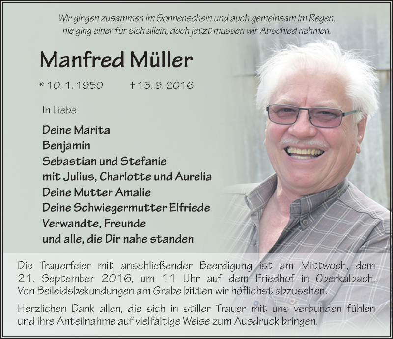  Traueranzeige für Manfred Müller vom 19.09.2016 aus 