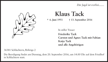 Traueranzeige von Klaus Tack 