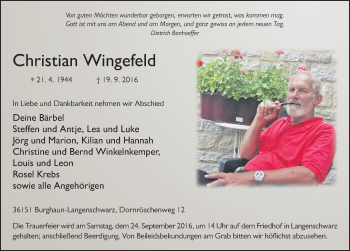Traueranzeige von Christian Wingefeld 