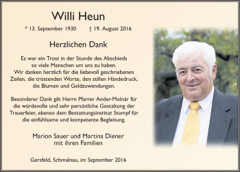 Traueranzeige von Willi Heun 