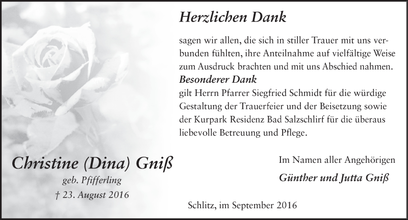  Traueranzeige für Christine Gniß vom 17.09.2016 aus 