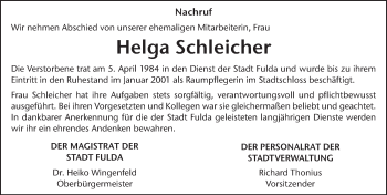 Traueranzeige von Helga Schleicher 