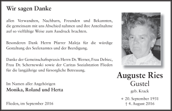 Traueranzeige von Auguste Ries 