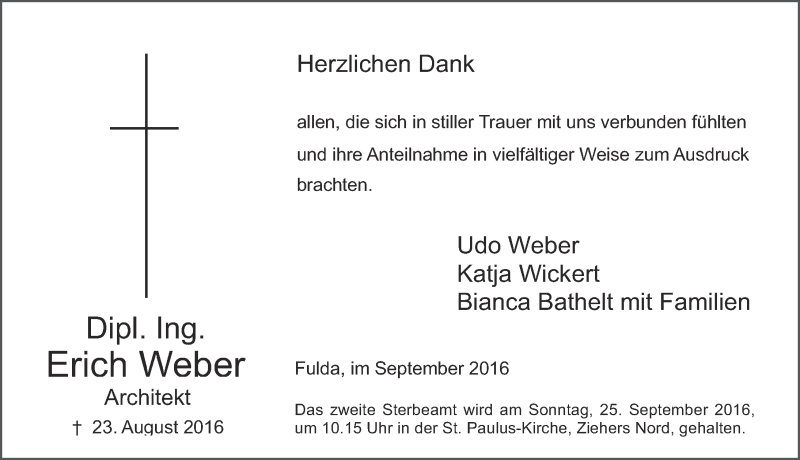  Traueranzeige für Erich Weber vom 17.09.2016 aus 