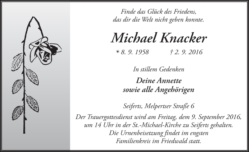  Traueranzeige für Michael Knacker vom 08.09.2016 aus 