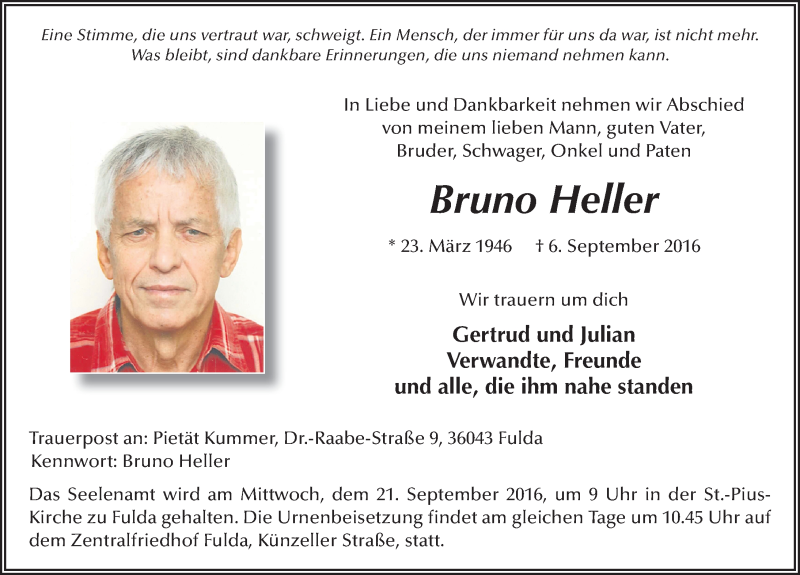  Traueranzeige für Bruno Heller vom 12.09.2016 aus 