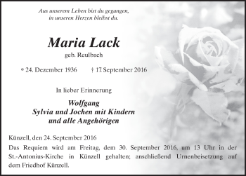 Traueranzeige von Maria Lack 