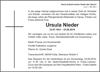 Traueranzeige von Ursula Nieder 