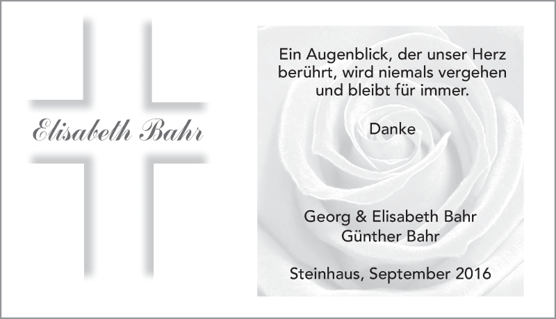  Traueranzeige für Elisabeth Bahr vom 17.09.2016 aus 