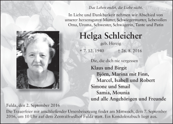 Traueranzeige von Helga Schleicher 