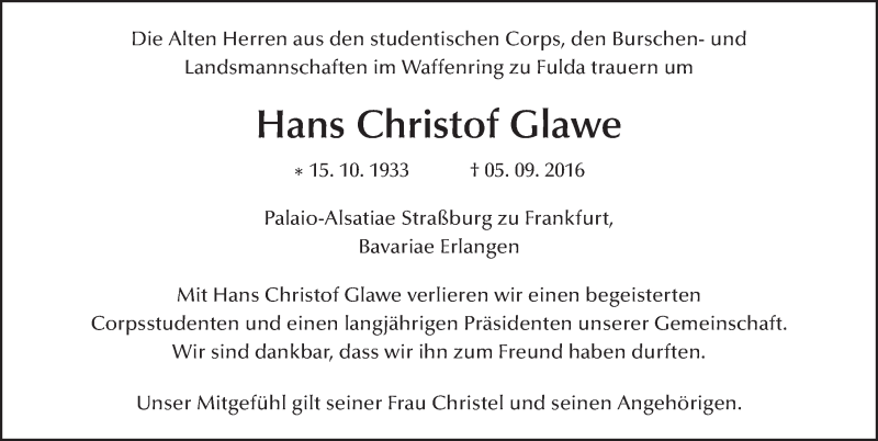  Traueranzeige für Hans Christof Glawe vom 23.09.2016 aus 
