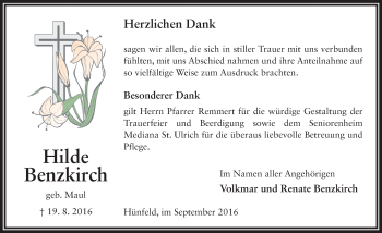 Traueranzeige von Hilde Benzkirch 