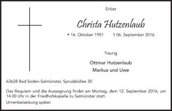 Traueranzeige von Christa Hutzenlaub 