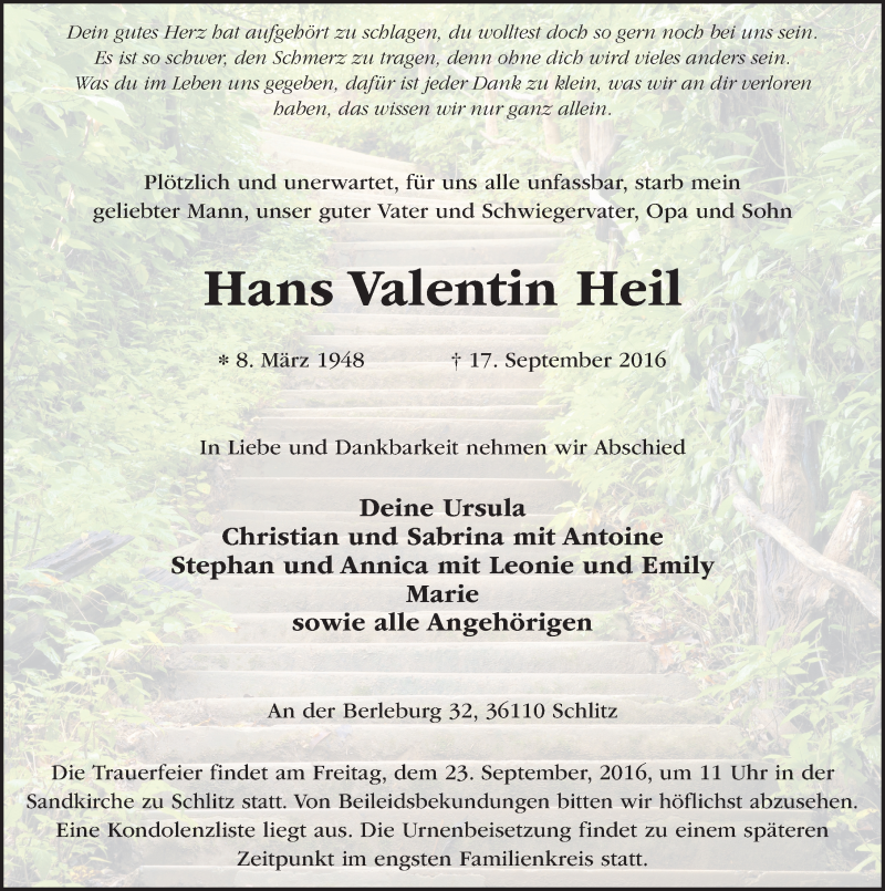  Traueranzeige für Hans Valentin Heil vom 21.09.2016 aus 