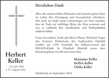 Traueranzeige von Herbert Keller 