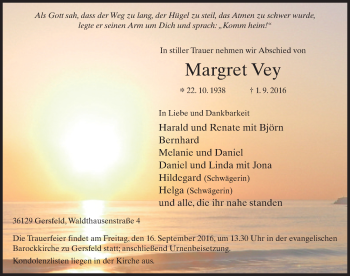 Traueranzeige von Margret Vey 