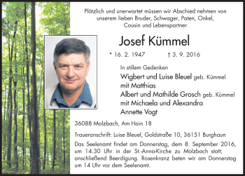Traueranzeige von Josef Kümmel 